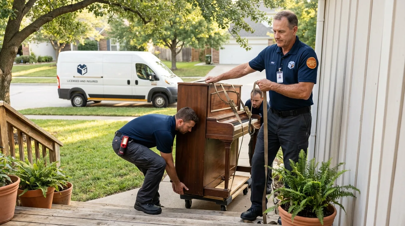 Licensed piano movers securing grand piano in Dublin, CA