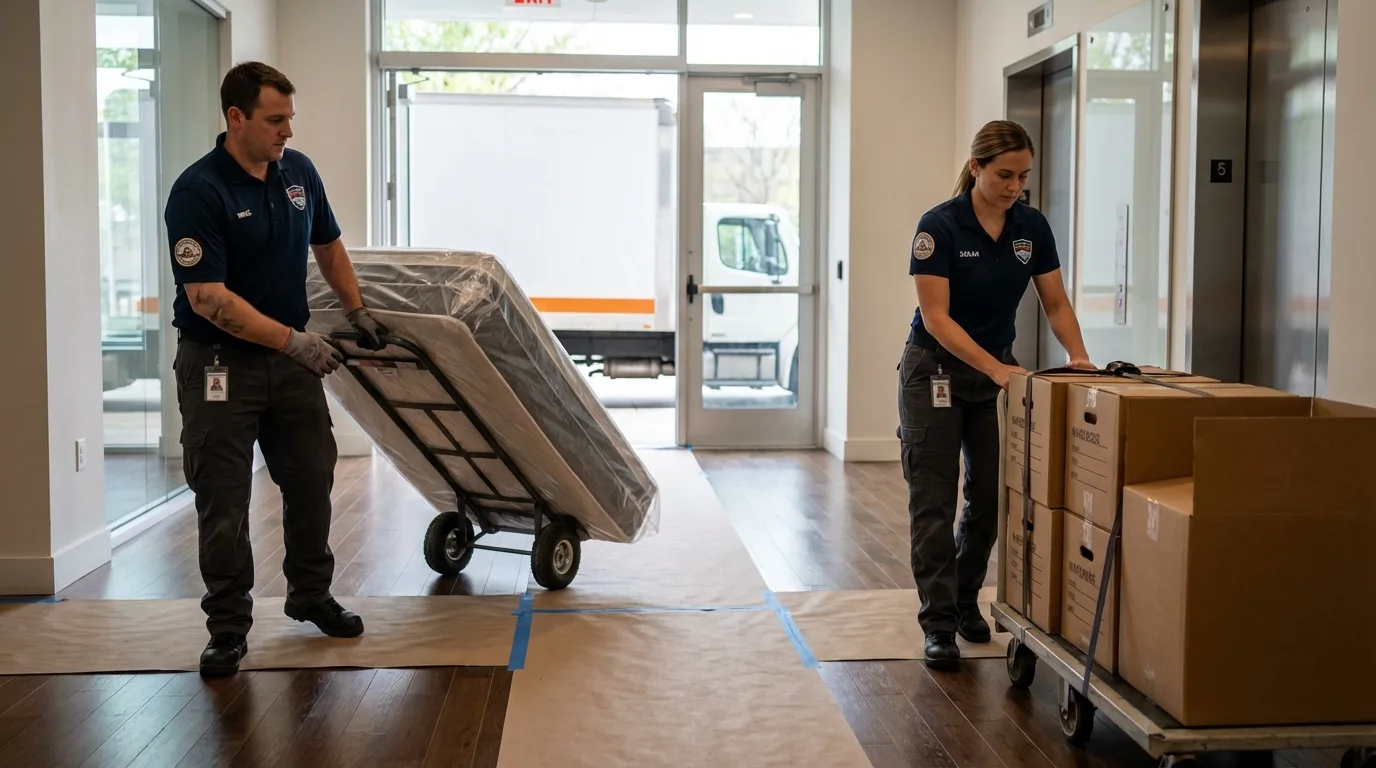 Professional apartment movers loading elevator in Dublin, CA
